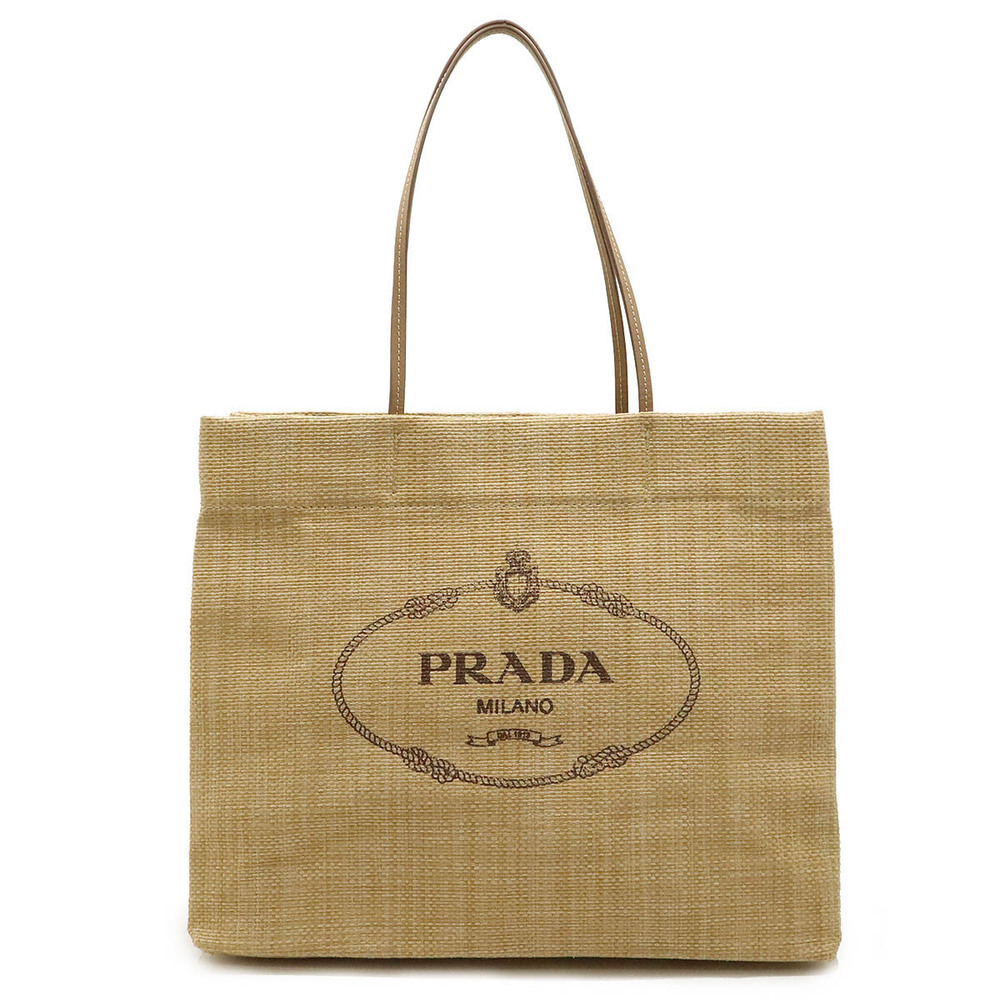 Prada raffia tote bag shoulder leather Beige Cream